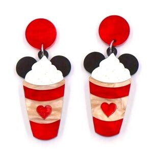 Mickey Mouse Valentine Heart Coffee Mouse Ears Kawaii Dangle Drop Earrings
